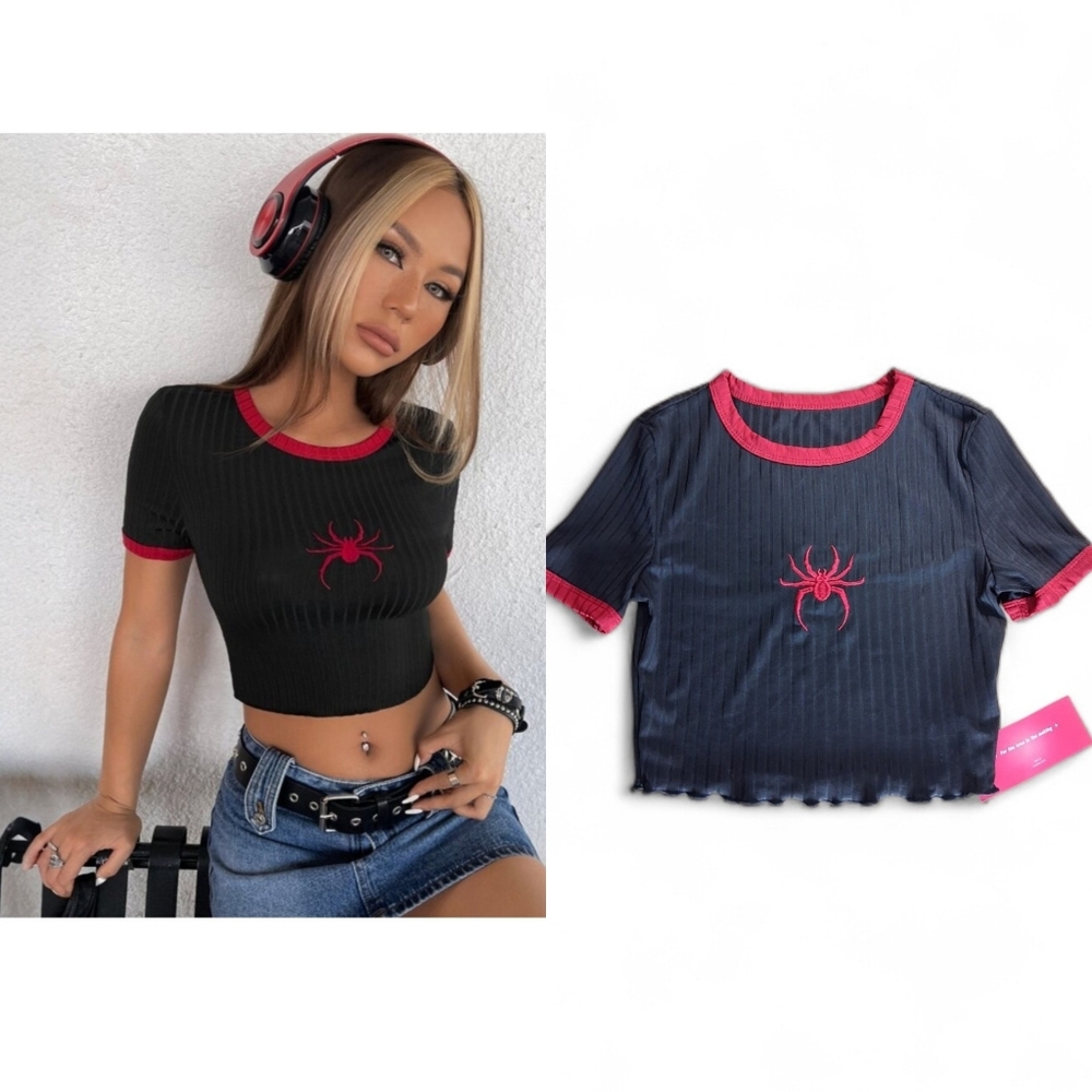🆕️ Shein Icon Spider Embroidered Crop Top Womens Size XS - red and black